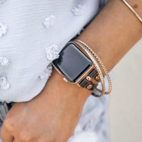 Double Strap Dark Brown Leather Apple Watch Series 7 RoseGold Jewelry Bracelet main image 5